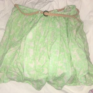 Green white floral belted skirt